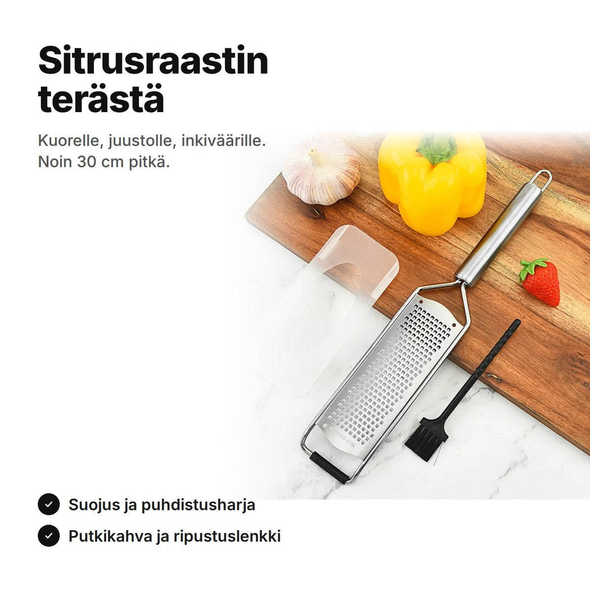 Sitrusraastin ruostumatonta terästä, terän suojus ja puhdistusharja leikkuulaudalla