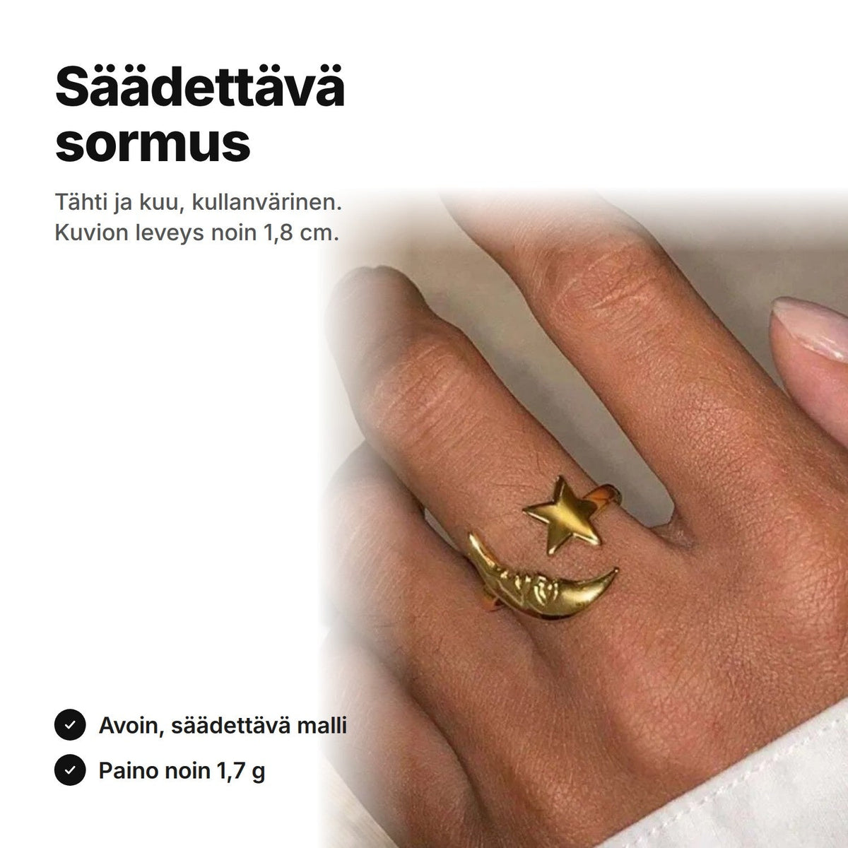 Kullanvärinen avoin sormus sormessa, toisessa päässä tähti ja toisessa kuu