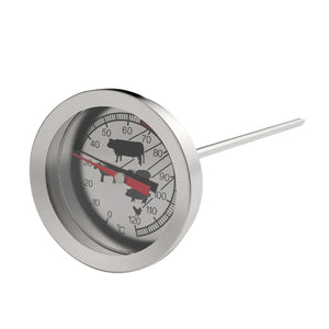 Analoginen paistomittari valkoisella taustalla: kellotaulu 0–120 °C ja ruostumaton piikki