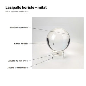 Lasipallo koriste mitat: lasipallo Ø 60 mm, kirkas K9-lasi, jalusta 30 mm leveä ja 17 mm korkea