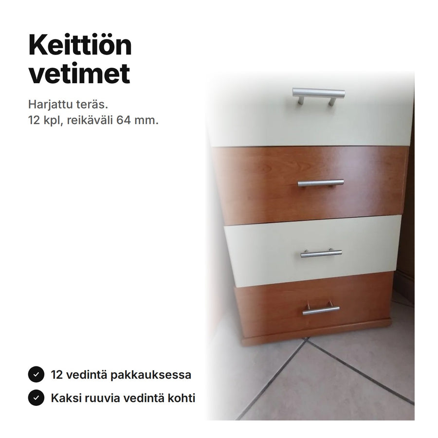 Keittiön vetimet harjattua terästä, reikäväli 64 mm, lipaston laatikoissa (ostajan kuva)