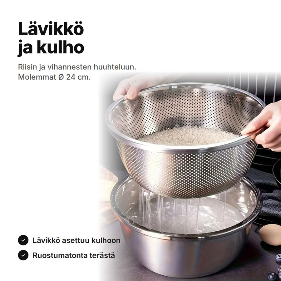 Lävikkö ja kulho ruostumatonta terästä: riisiä huuhdellaan ja vesi valuu kulhoon – molemmat Ø 24 cm