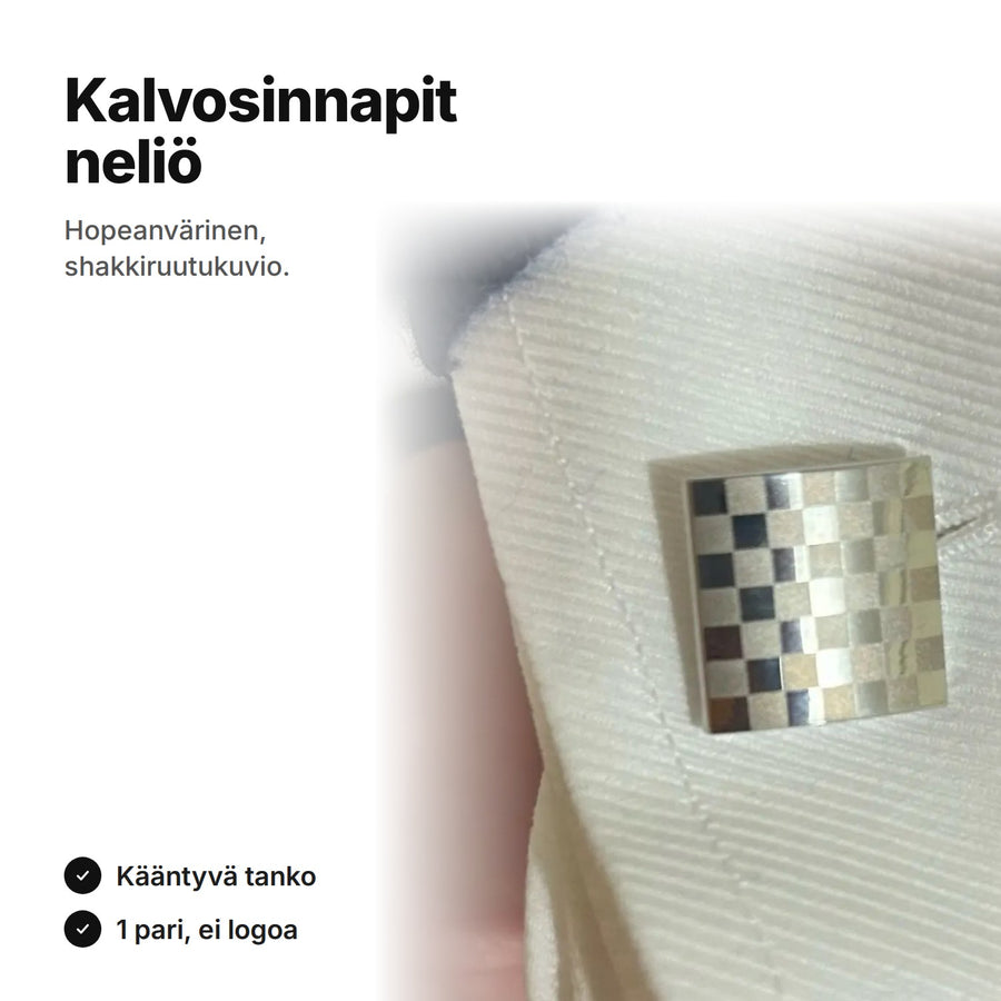 Hopeanväriset kalvosinnapit, neliö shakkiruutukuviolla, paidan kalvosimessa
