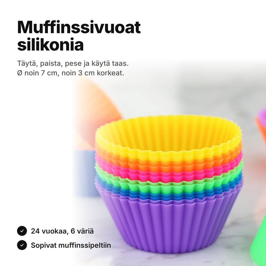 Silikoniset muffinssivuoat kuudessa värissä pinottuna työtasolla – Ø noin 7 cm, 24 kpl
