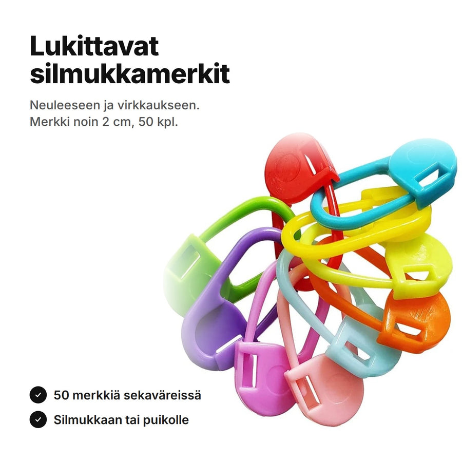 Lukittavat silmukkamerkit: 50 merkkiä sekaväreissä, merkki noin 2 cm, neuleeseen ja virkkaukseen