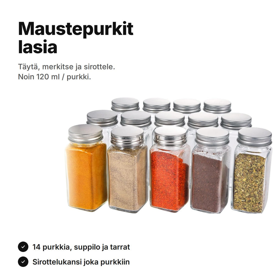 Maustepurkit lasia: 14 neliönmallista purkkia metallisilla kierrekansilla – noin 120 ml / purkki