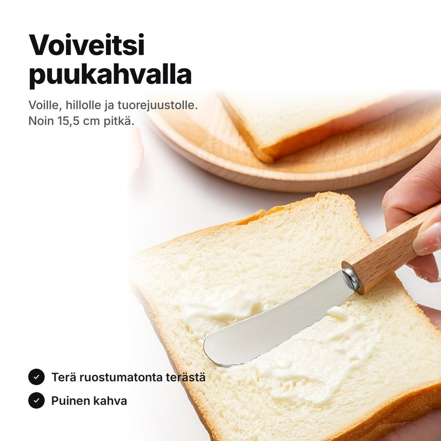 Voiveitsi puukahvalla levittää voita paahtoleivälle – terä ruostumatonta terästä, noin 15,5 cm pitkä