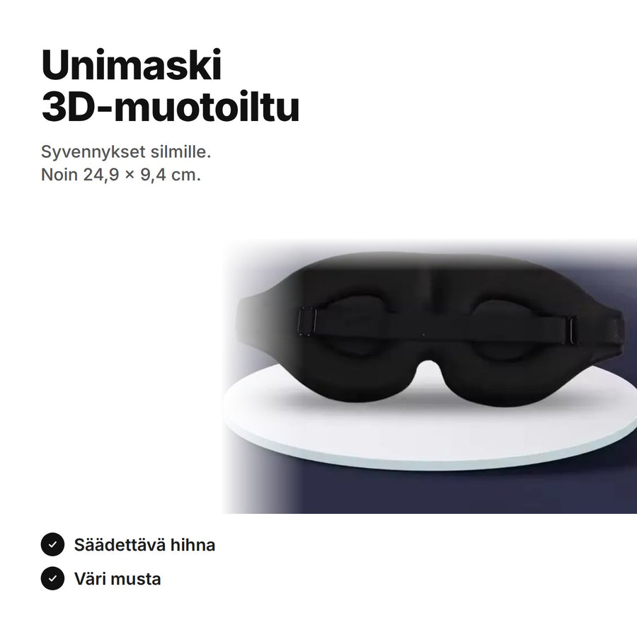 Unimaski 3D-muotoiltu, musta, syvennykset silmille, noin 24,9 × 9,4 cm