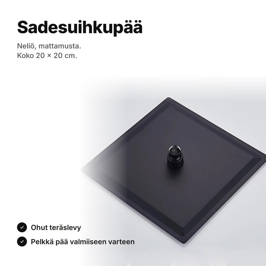 Sadesuihkupää neliö 20 × 20 cm mattamusta – ohut teräslevy, pelkkä pää valmiiseen varteen