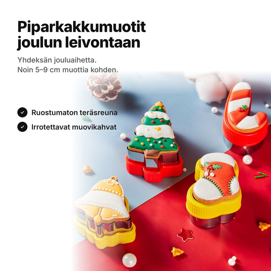 Piparkakkumuotit ruostumatonta terästä koristeltujen pipareiden kanssa – yhdeksän jouluaihetta, noin 5–9 cm muottia kohden