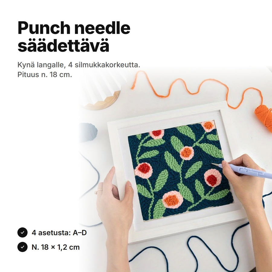 Punch needle -kynä säädettävä: langalle, 4 silmukkakorkeutta, n. 18 × 1,2 cm