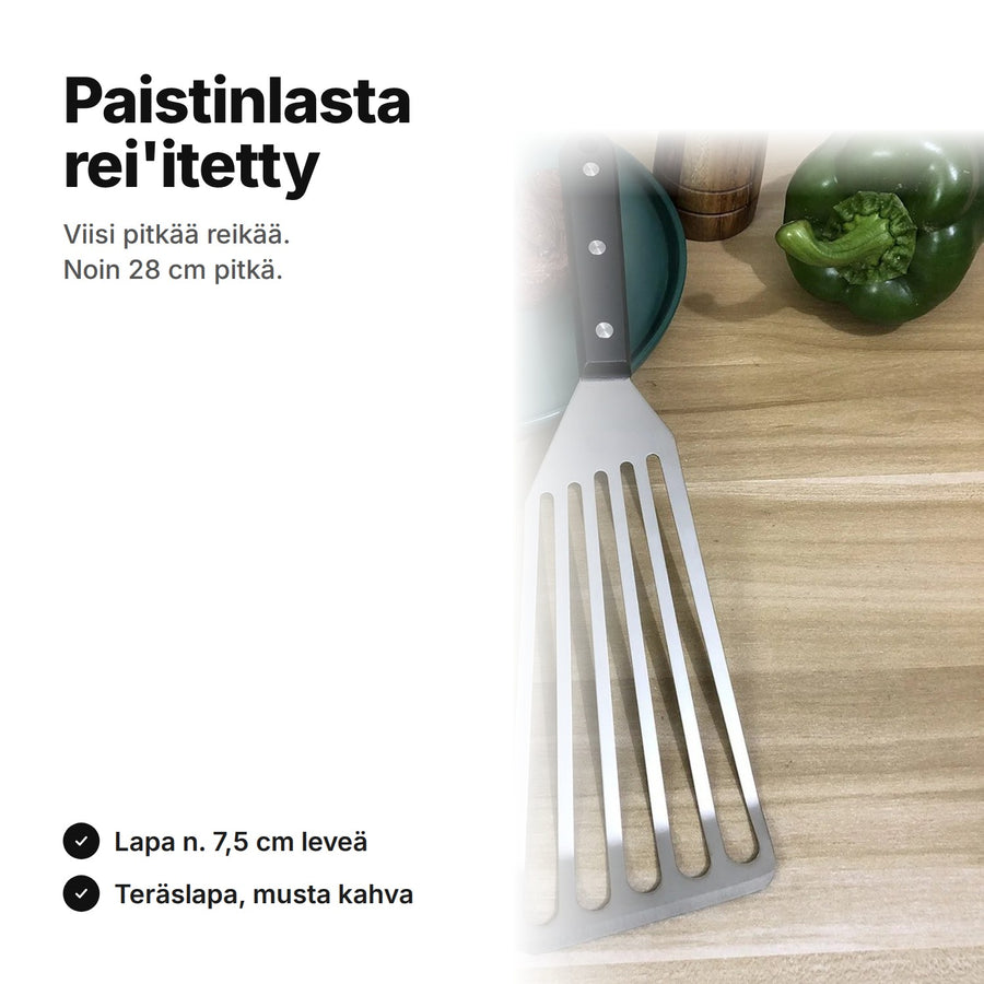 Rei'itetty paistinlasta ruostumatonta terästä – noin 28 cm, viisi pitkää reikää ja musta kahva