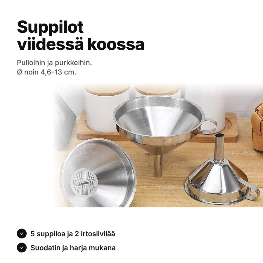5 suppiloa ruostumatonta terästä keittiön tasolla, Ø noin 4,6–13 cm, irtosiivilät, suodatin ja harja