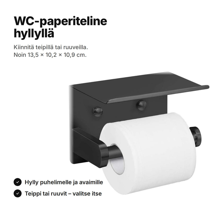 WC-paperiteline hyllyllä, mustaa ruostumatonta terästä, varressa vessapaperirulla – kiinnitys teipillä tai ruuveilla, noin 13,5 × 10,2 × 10,9 cm