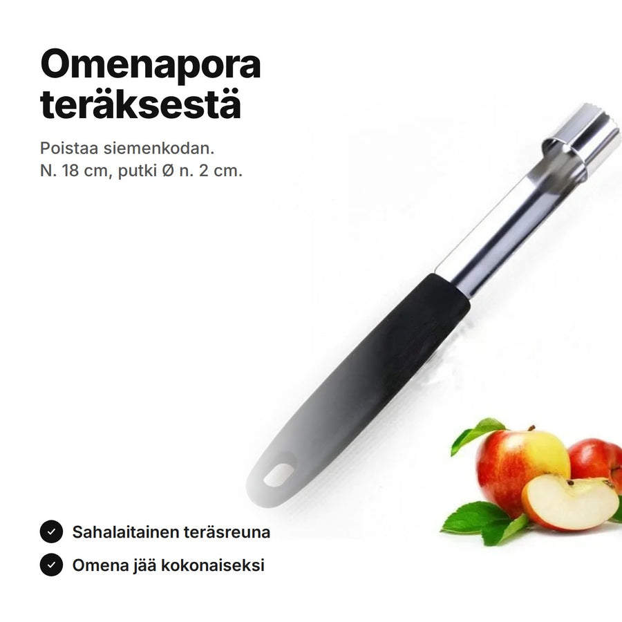 Omenapora ruostumatonta terästä mustalla kahvalla ja omenia – n. 18 cm, putki Ø n. 2 cm