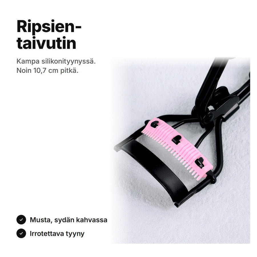 Ripsientaivutin kammalla: musta kehys ja vaaleanpunainen silikonityyny, noin 10,7 cm