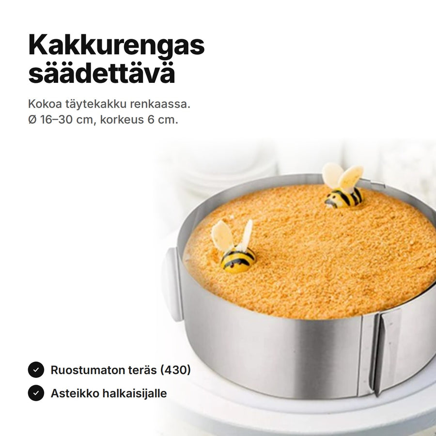 Säädettävä kakkurengas ruostumatonta terästä kakun ympärillä kakkuvadilla – Ø n. 16–30 cm, korkeus 6 cm
