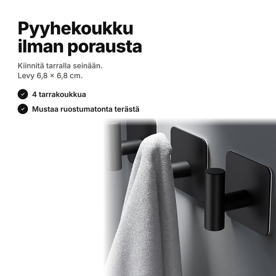 Pyyhekoukku ilman porausta: mustat tarrakoukut harmaalla seinällä, yhdessä koukussa pyyhe – levy 6,8 × 6,8 cm
