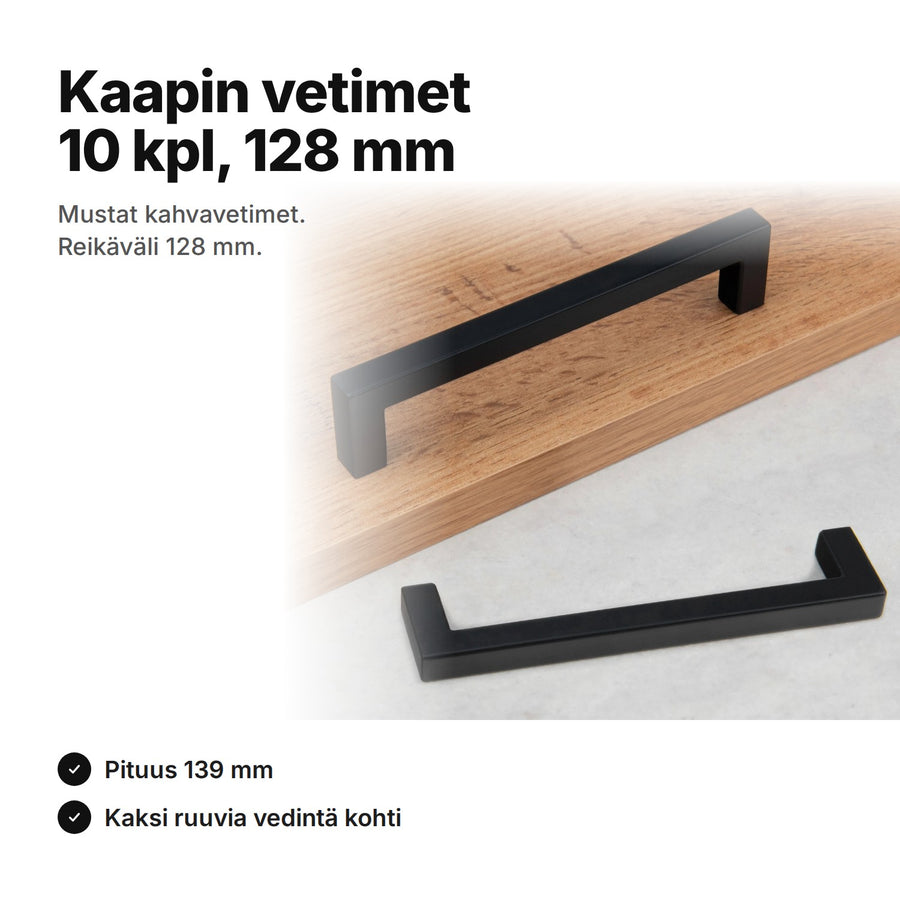 Kaapin vetimet 10 kpl, mustat kahvavetimet reikävälillä 128 mm puupinnalla