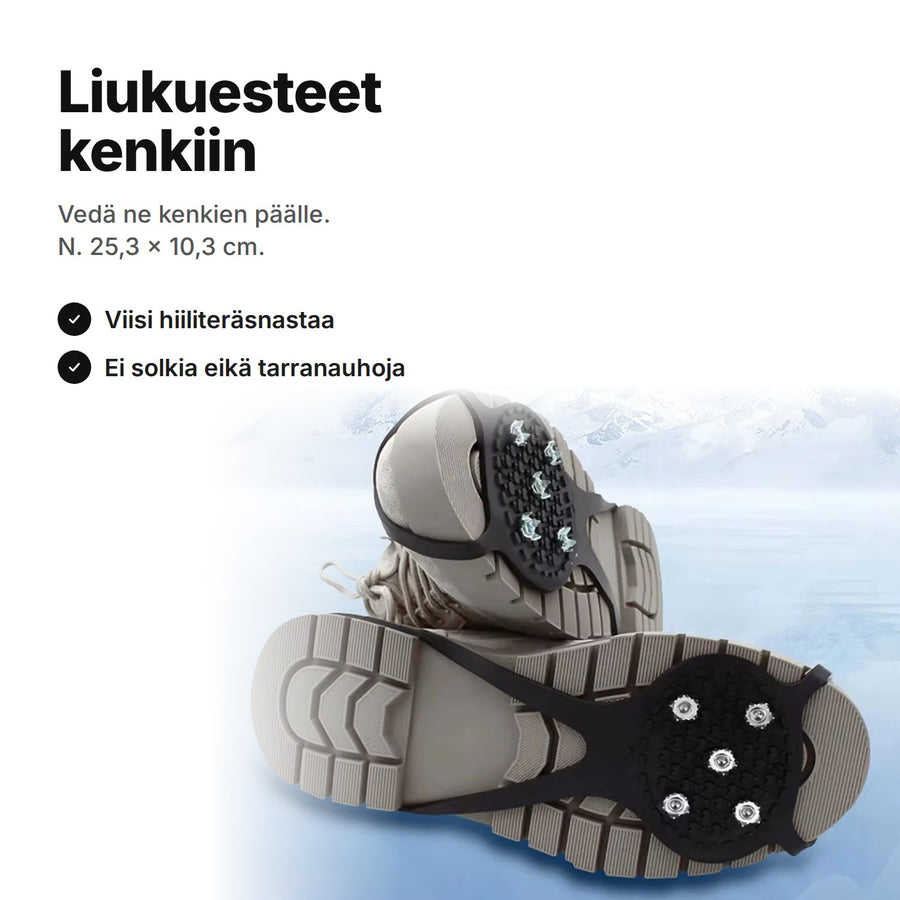 Liukuesteet kenkiin kahden talvikengän pohjassa – n. 25,3 × 10,3 cm, viisi hiiliteräsnastaa liukuestettä kohden