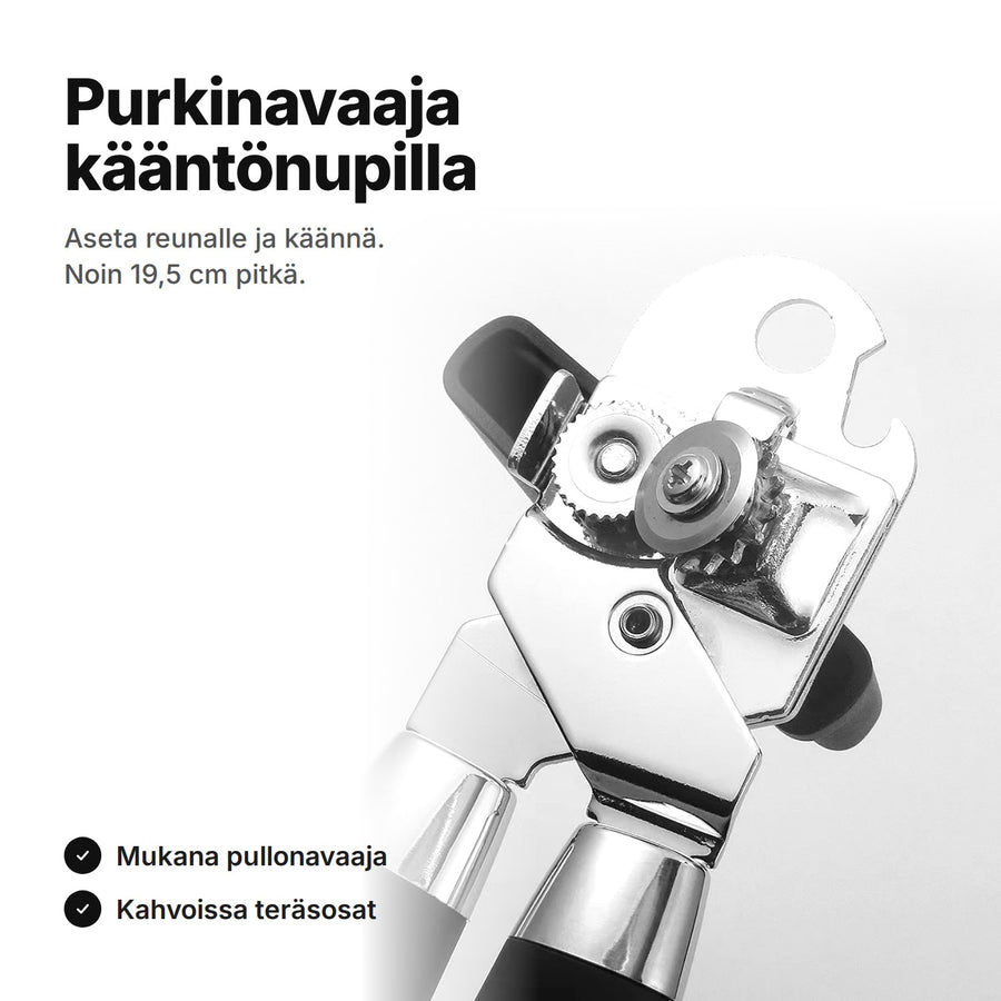 Purkinavaaja kääntönupilla ja pullonavaajalla – avausosa ja hammaspyörä lähikuvassa, noin 19,5 cm pitkä
