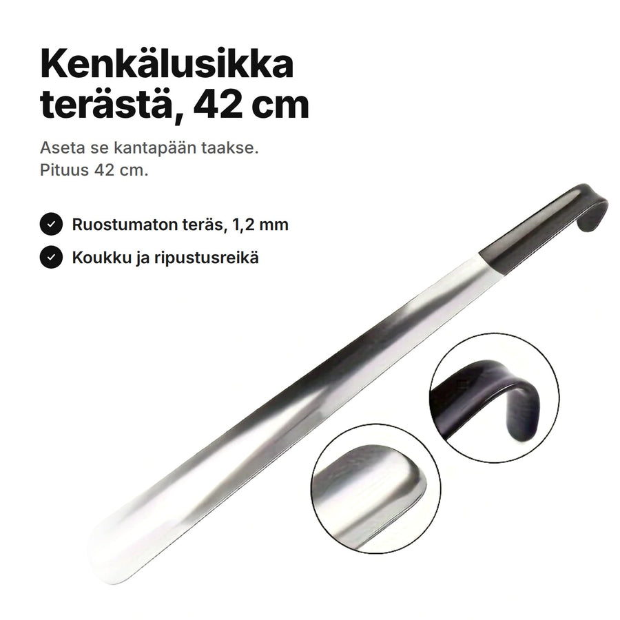 Kenkälusikka ruostumatonta terästä – pituus 42 cm, mustassa päässä koukku ja ripustusreikä