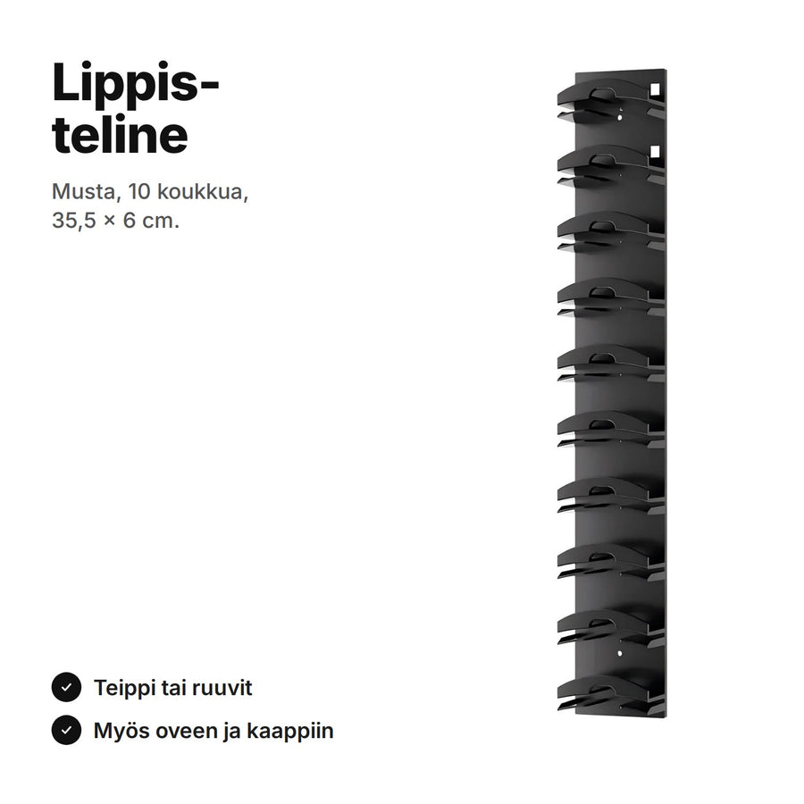 Musta lippisteline seinälle, 10 koukkua lippiksille, 35,5 × 6 cm – kiinnitys teipillä tai ruuveilla