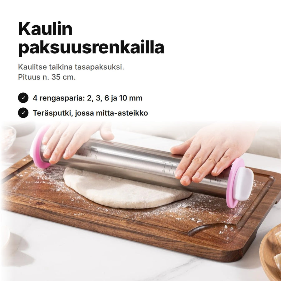 Kaulin paksuusrenkailla kaulitsee taikinaa leikkuulaudalla – pituus n. 35 cm, renkaat 2, 3, 6 ja 10 mm