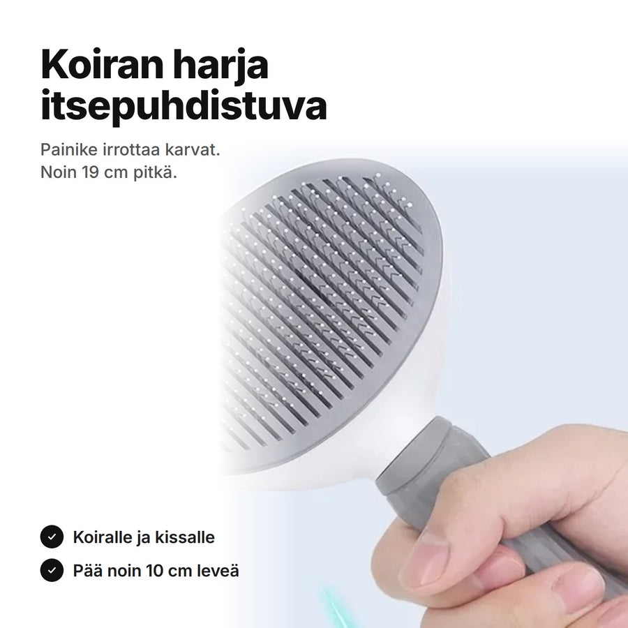 Itsepuhdistuva koiran harja harmaana, noin 19 cm pitkä, pää noin 10 cm leveä