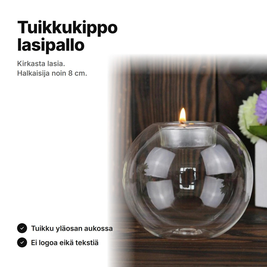 Pyöreä tuikkukippo kirkasta lasia, halkaisija noin 8 cm, tuikku yläosan aukossa