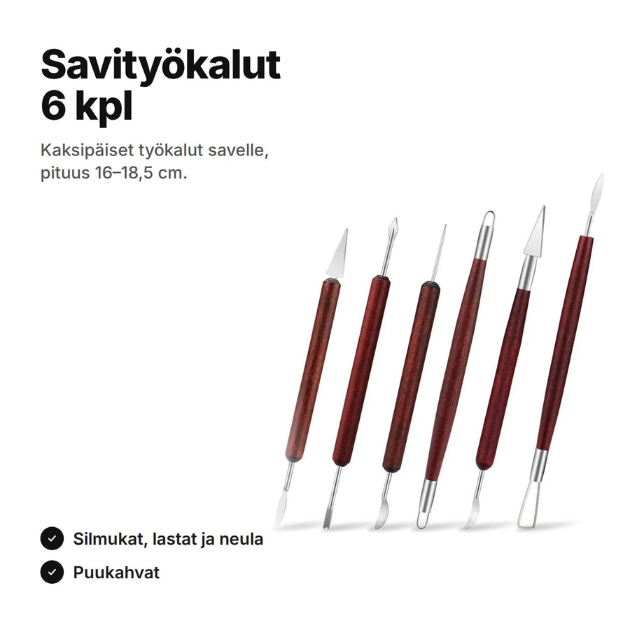 Savityökalut 6 kpl: kaksipäiset työkalut savelle, 16–18,5 cm, silmukat, lastat ja neula, puukahvat