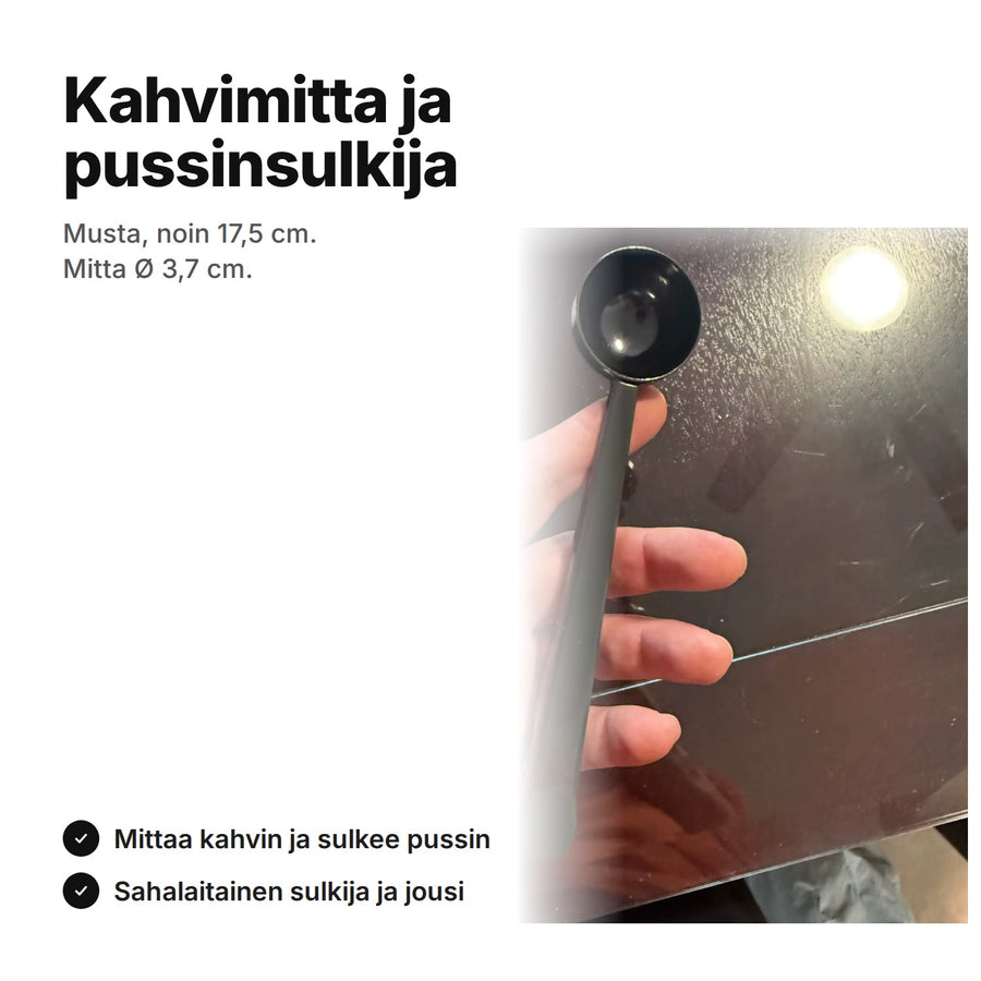 Musta kahvimitta pussinsulkijalla, noin 17,5 cm