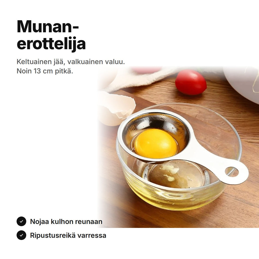 Munanerottelija ruostumatonta terästä – keltuainen jää kuppiin ja valkuainen valuu; noin 13 cm pitkä