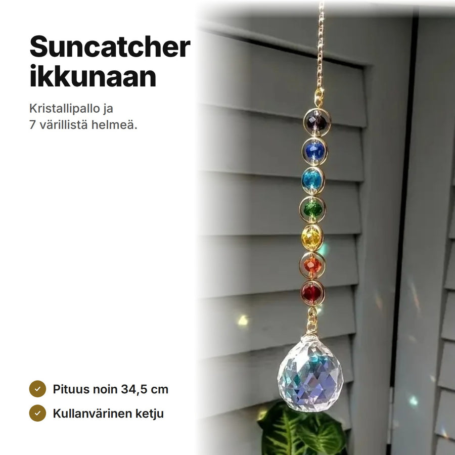 Suncatcher kristallipallolla ja 7 värillisellä helmellä, pituus noin 34,5 cm, kullanvärinen ketju