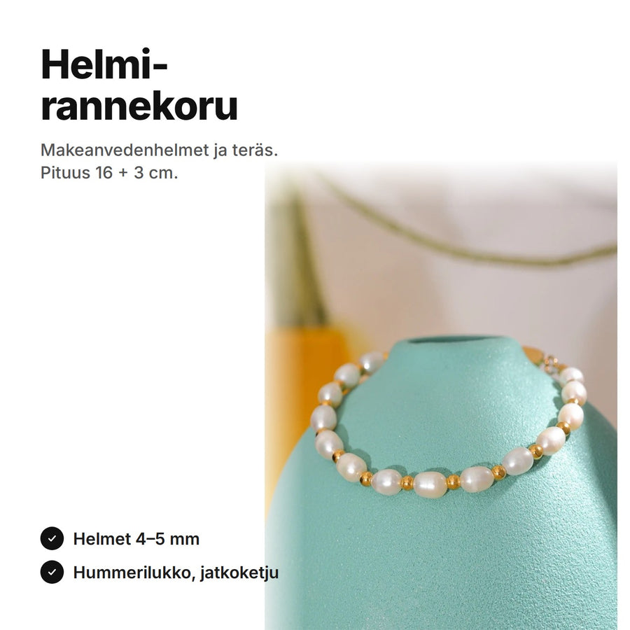 Helmirannekoru: makeanvedenhelmet ja kullanväriset teräshelmet, pituus 16 cm + 3 cm jatkoketju