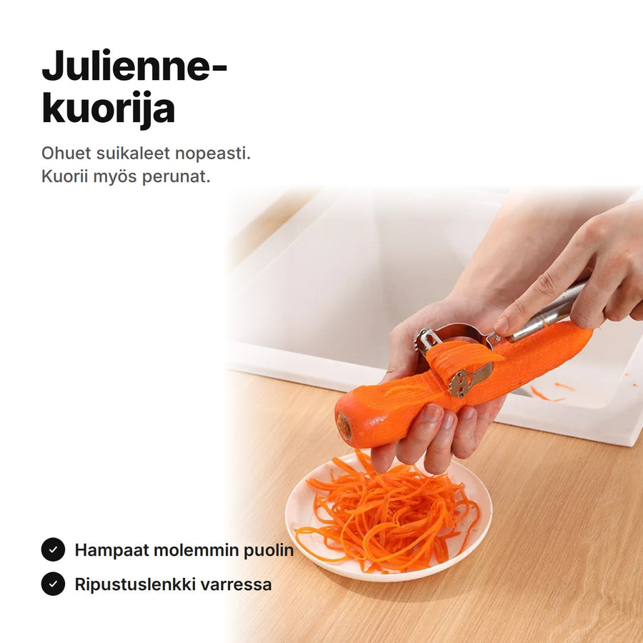 Julienne-kuorija ruostumatonta terästä leikkaa porkkanasta ohuita suikaleita kulhoon