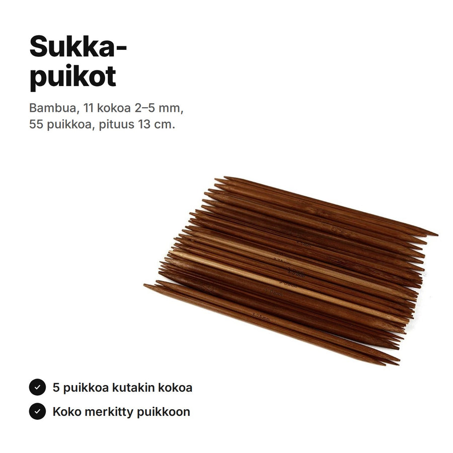 Sukkapuikot bambua – 55 puikkoa 11 koossa 2–5 mm, pituus 13 cm