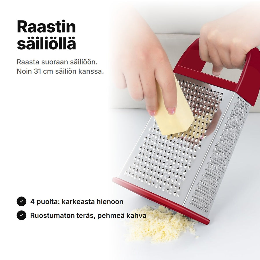 Raastin säiliöllä: juustoa raastetaan 4-puolisella raastimella, jossa on punainen kahva – noin 31 cm korkea säiliön kanssa