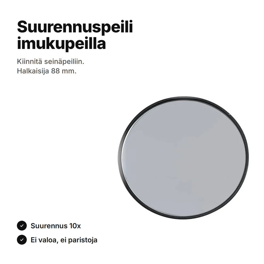 Suurennuspeili imukupeilla, musta kehys, halkaisija 88 mm