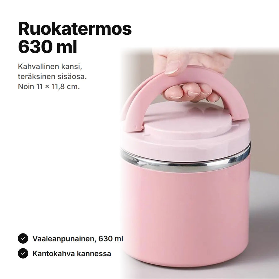 Vaaleanpunainen ruokatermos 630 ml, kannessa kaareva kantokahva, noin 11 × 11,8 cm