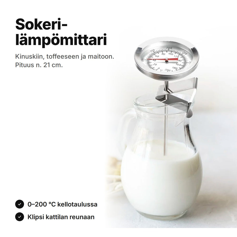 Sokerilämpömittari, kellotaulu 0–200 °C ja klipsi kattilan reunaan, n. 21 cm