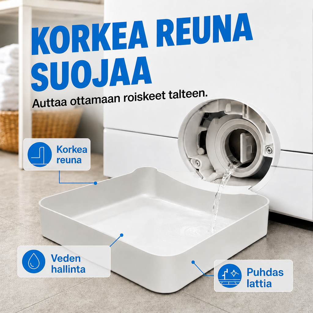 Tippa-alusta pesukoneelle – kerää veden poistoaukosta