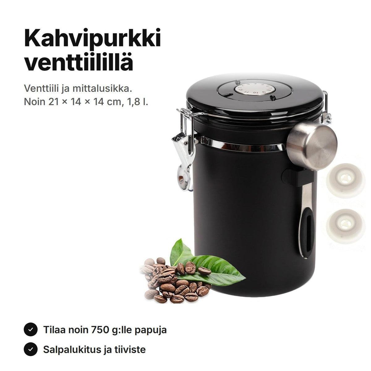 Musta kahvipurkki ruostumatonta terästä, salvat kannessa ja mittalusikka kyljessä