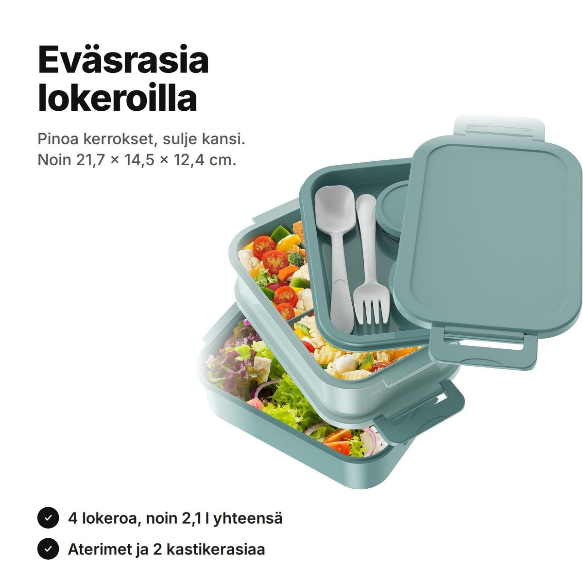 Vihreä kolmikerroksinen eväsrasia: salaattia ja pastaa lokeroissa, haarukka ja lusikka tarjottimella