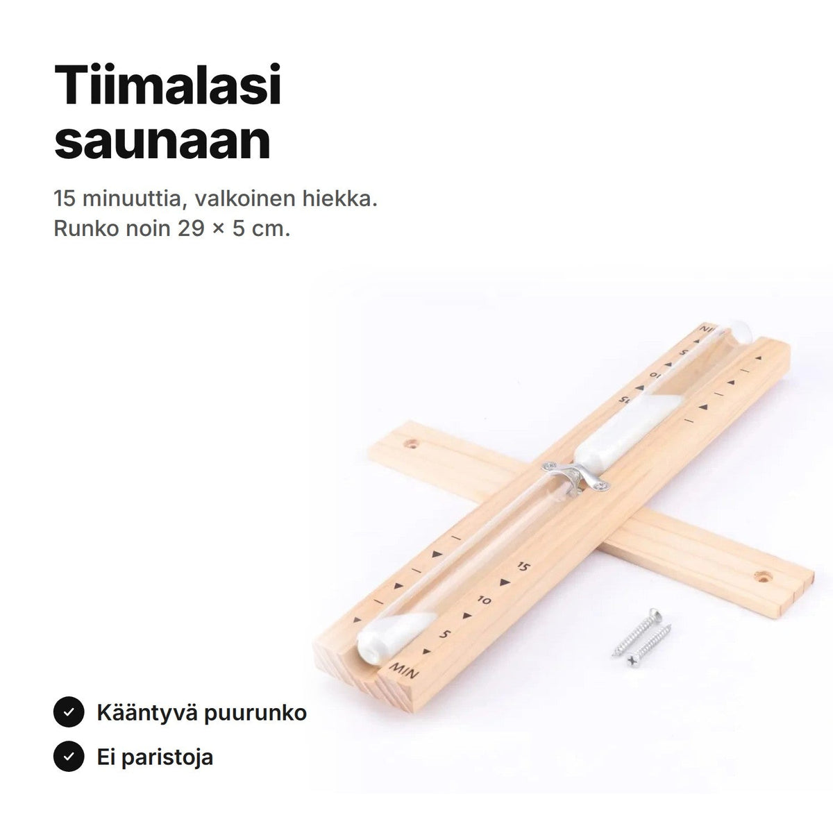 Tiimalasi saunaan valkoisella hiekalla, kääntyvä puurunko seinälevyn päällä