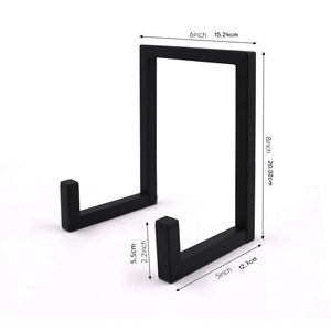 Toimittajan mittapiirros LP-levytelineestä: noin 15,2 cm leveä, 20,3 cm korkea ja 12,7 cm syvä, etutuet noin 5,5 cm