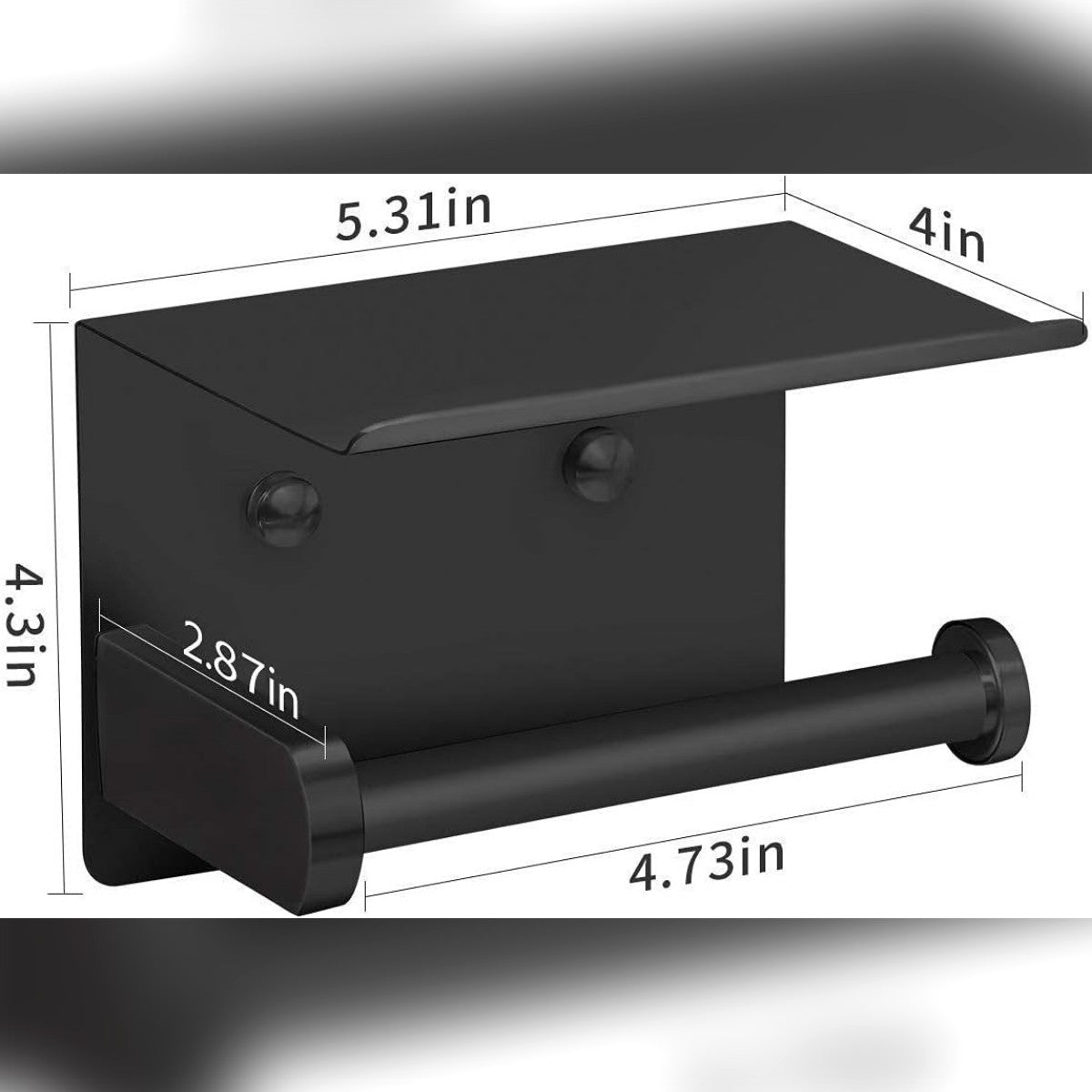 WC-paperitelineen mitat: 5,31 × 4 × 4,3 tuumaa eli noin 13,5 × 10,2 × 10,9 cm, varsi 4,73 tuumaa eli noin 12 cm