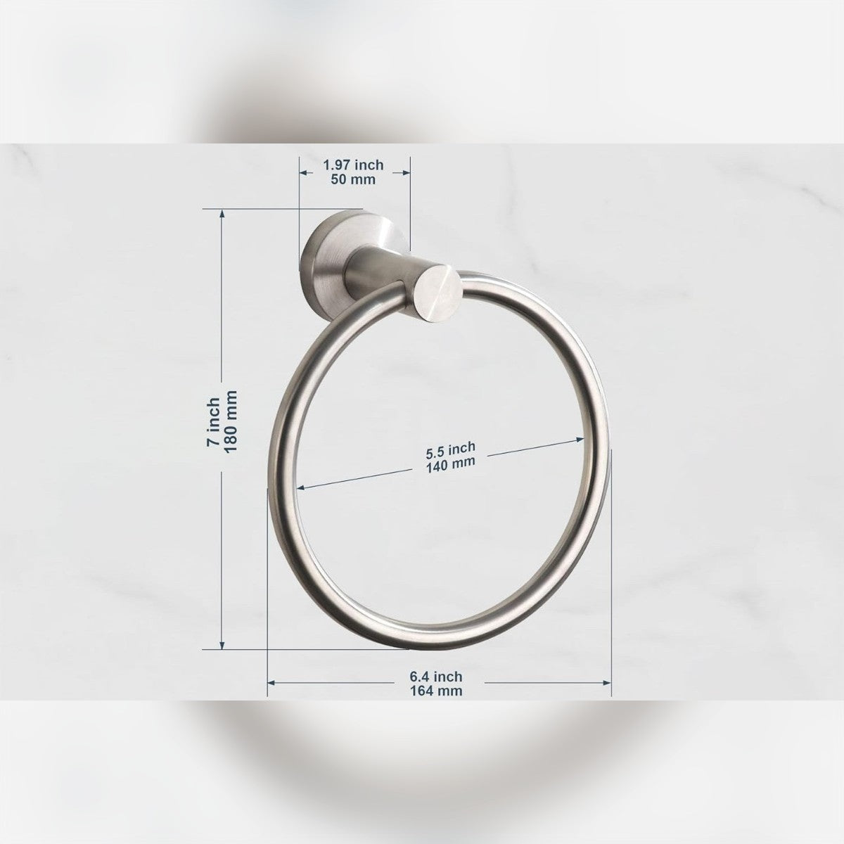 Pyyherenkaan mitat: leveys 164 mm, korkeus 180 mm, sisähalkaisija 140 mm ja seinäkiinnike 50 mm