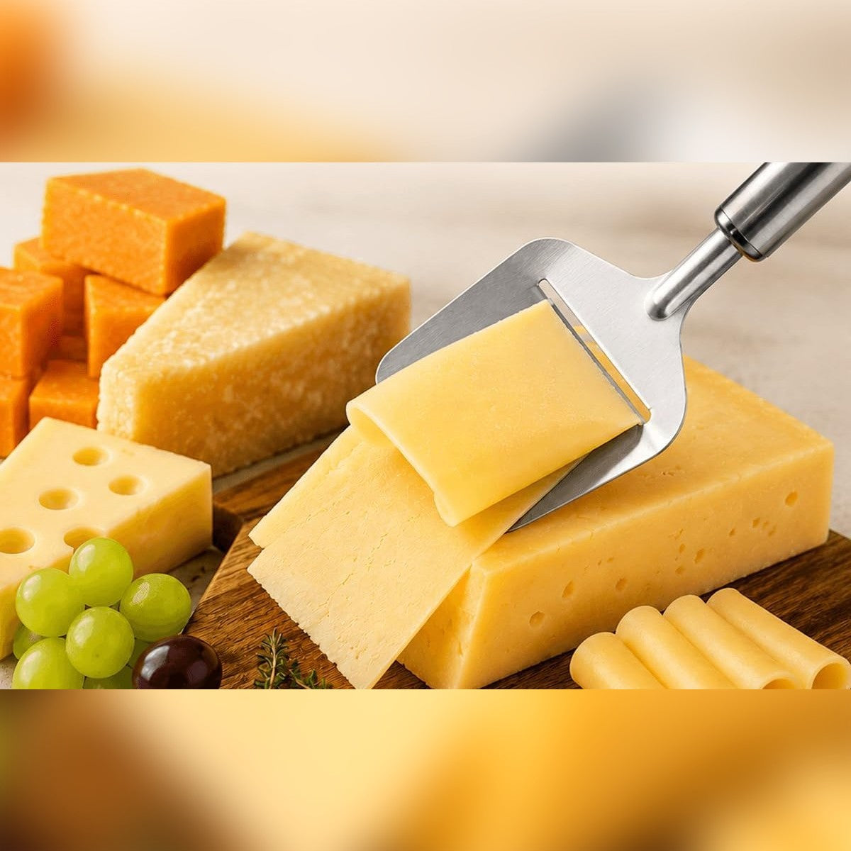Juustohöylä nostaa ohuen siivun juustokimpaleesta juustolaudalla