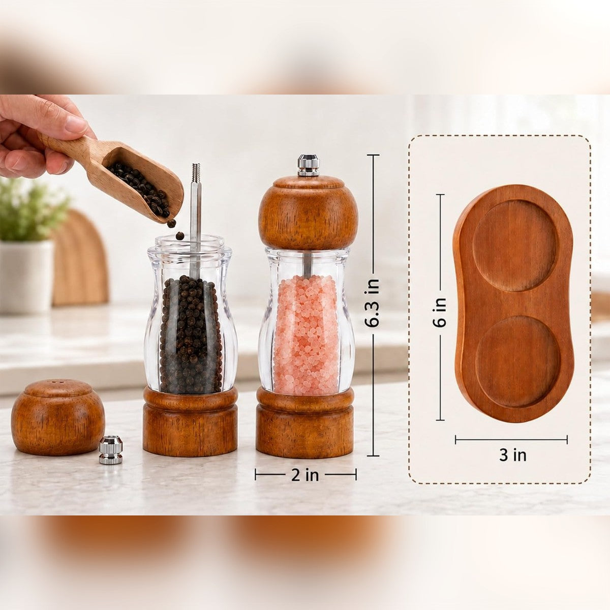 Pippurimylly täytetään leveästä aukosta; mylly on noin 16 cm korkea ja 5 cm leveä, alusta noin 15 × 7,5 cm